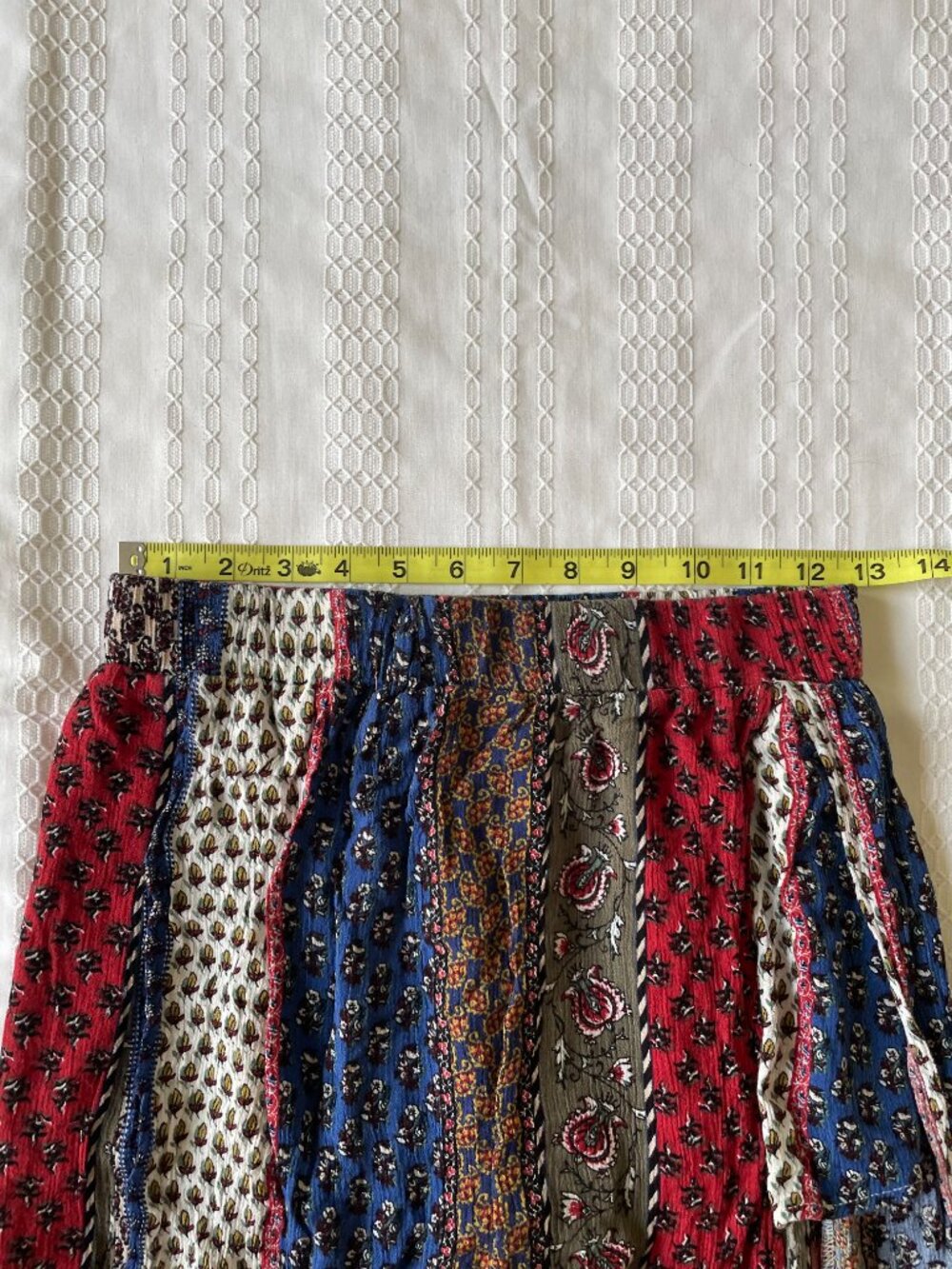 Boho Striped Patchwork Maxi Skirt in Red, Blue, Olive & Cream Leg Slit - Picture 6 of 6